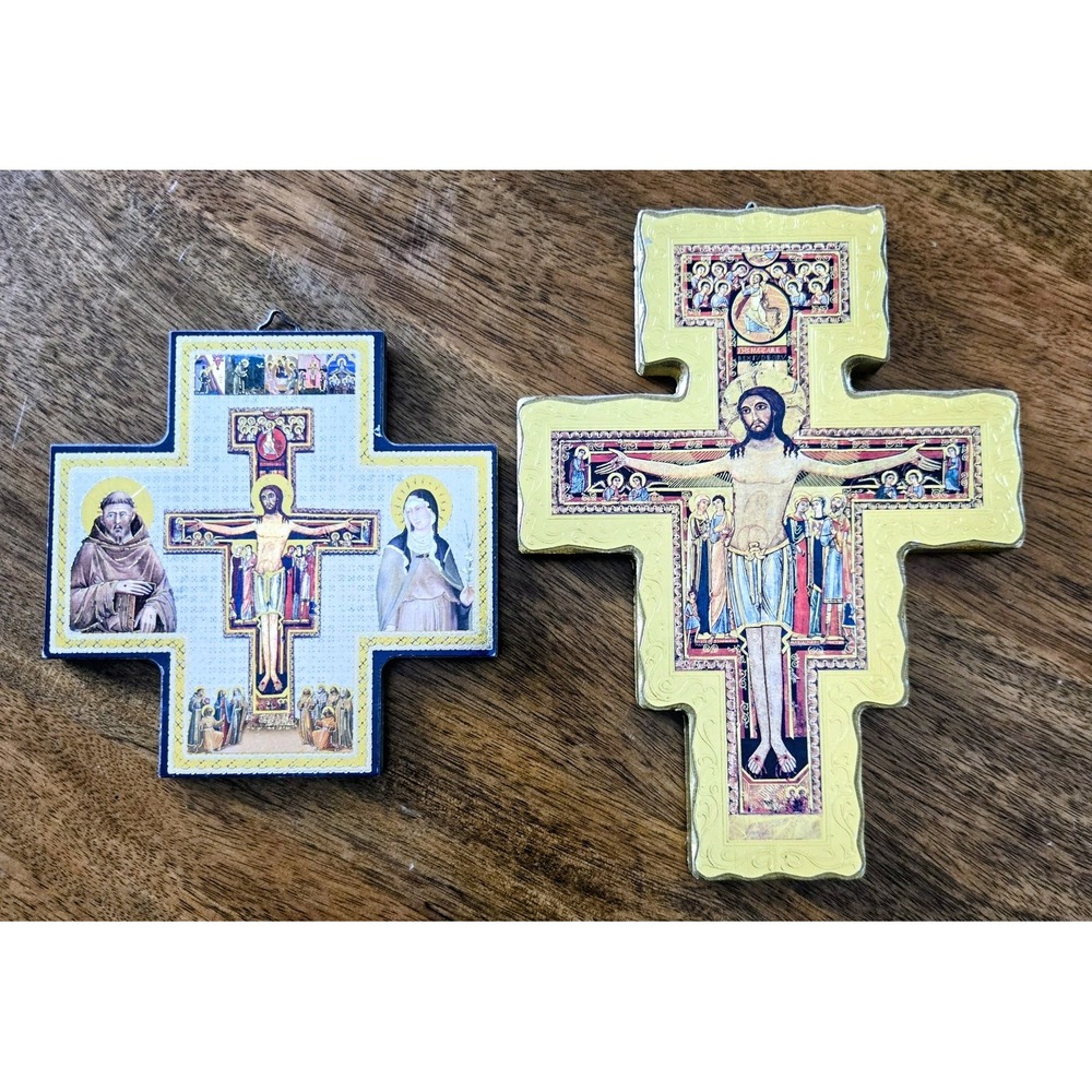 Vintage "Cross Of Saint Francis/San Damiano" Set Of 2 Wooden Wall Plaques